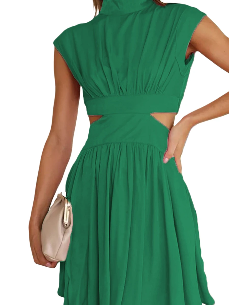 Elegant Solid Color Stand Collar Ruched Dress with Cut Out Pleats - A-line Party Swing Dress for Club and Cocktail Parties -