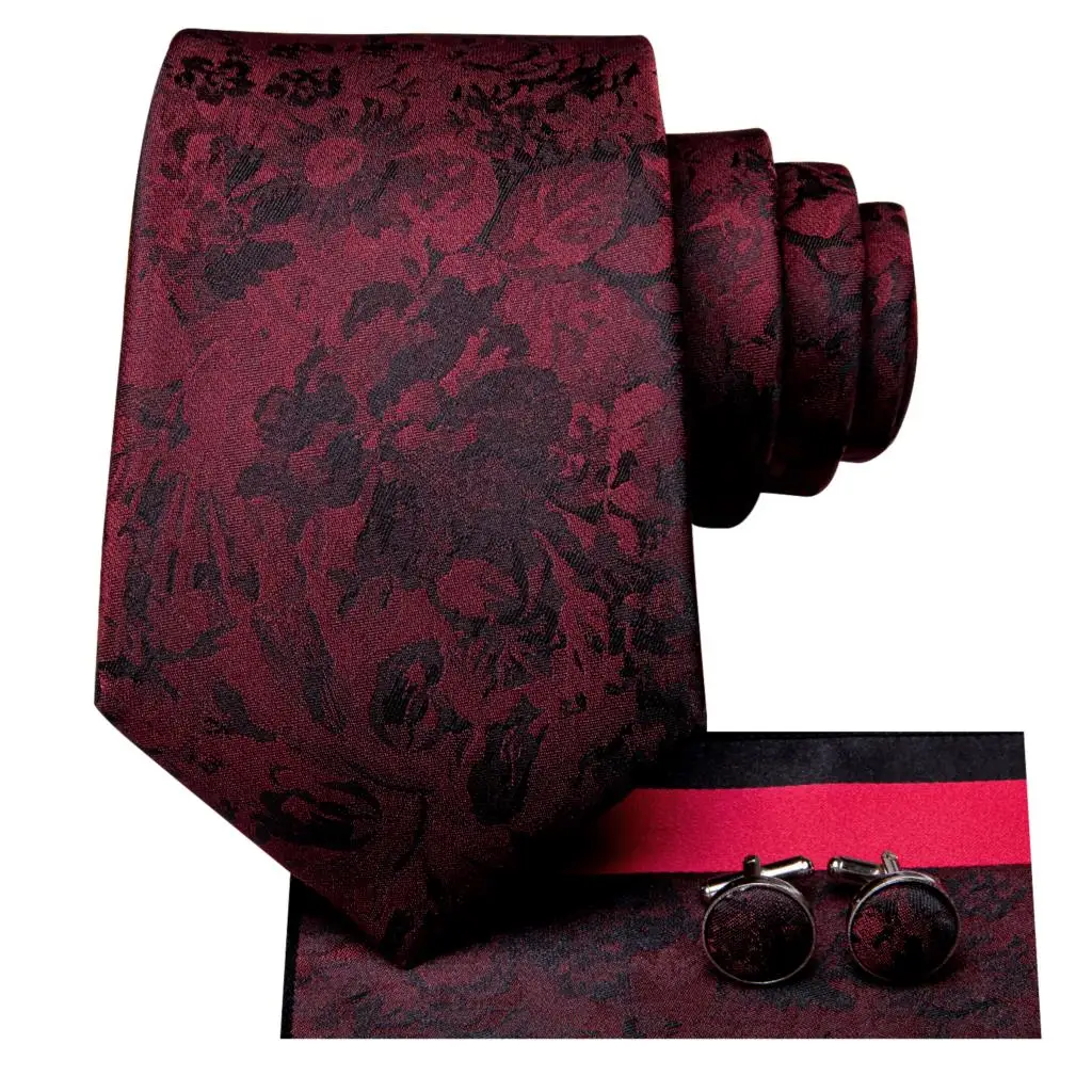 

Paisley Burgundy Black Silk Wedding Tie For Men Handky Cufflink Gift Men Necktie Fashion Business Party Dropship Hi-Tie Designer