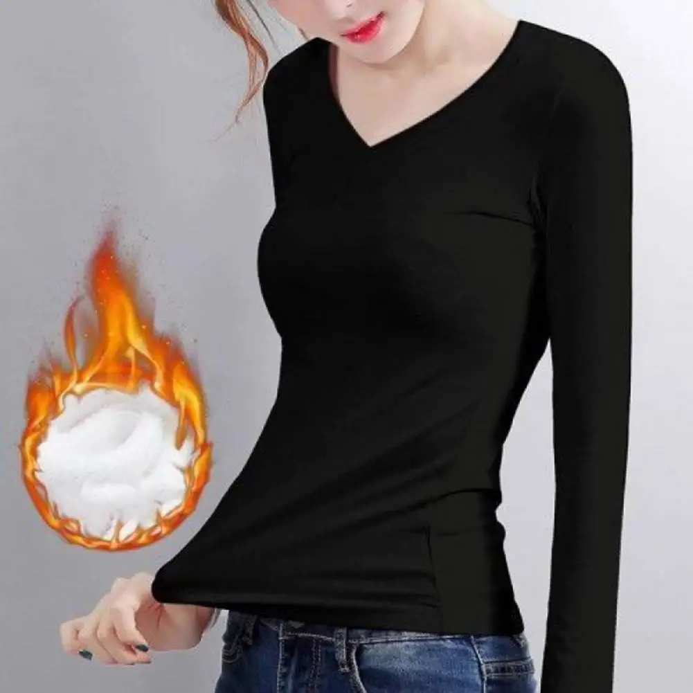 

Trendy Basic Blouse Elastic Bottoming Blouse O-Neck Thickened Solid Basic Bottoming Tops Undershirt Warm
