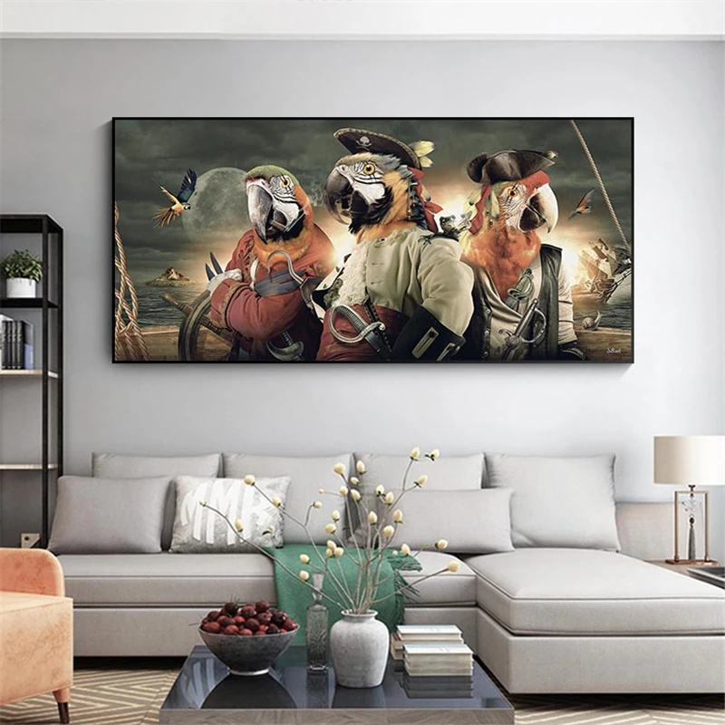 

Parrot Pirate Costume Canvas Paintings Funny Animal Posters and Prints Wall Art Pictures for Living Room Cuadros Home Decoration