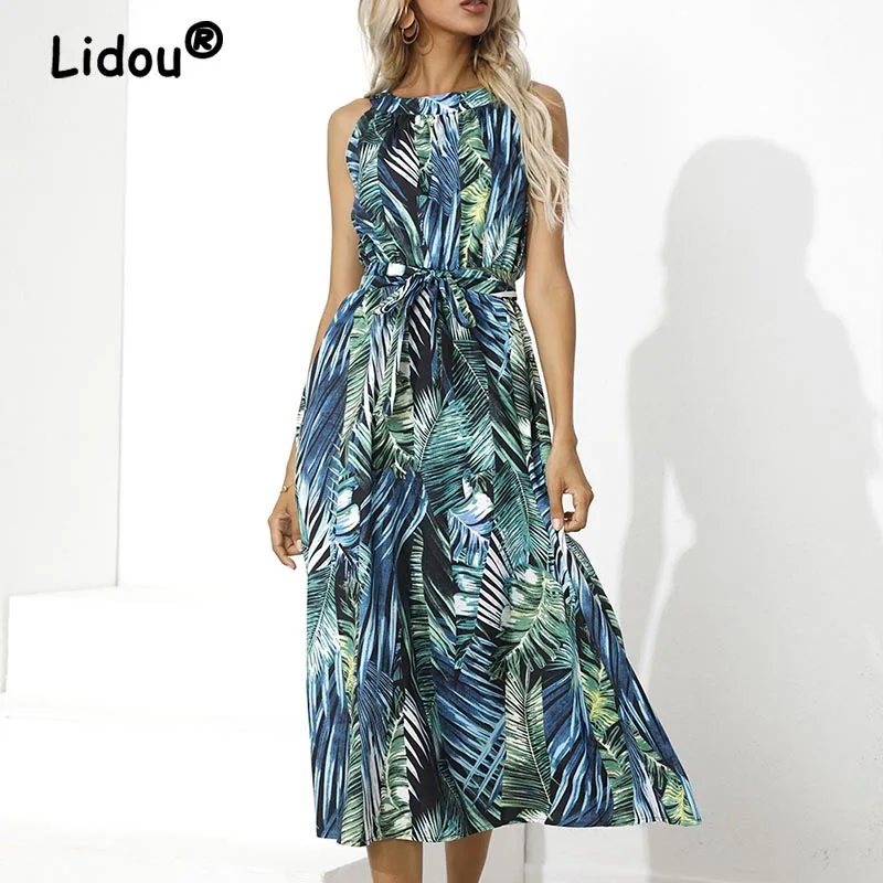 

Women Summer Fashion Print Lace Up Elegant Loose Comfortable Temperament Sleeveless Long Dress Beach Boho Casual Sundress Female
