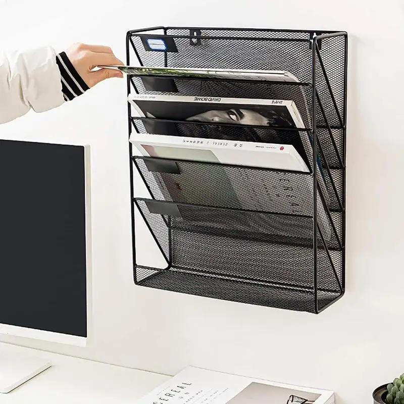 

Сетчатый держатель для файлов С 5 Карманами, настенный подвесной стеллаж для газет и файлов, черный металлический настенный держатель для файлов для офисных ванных комнат