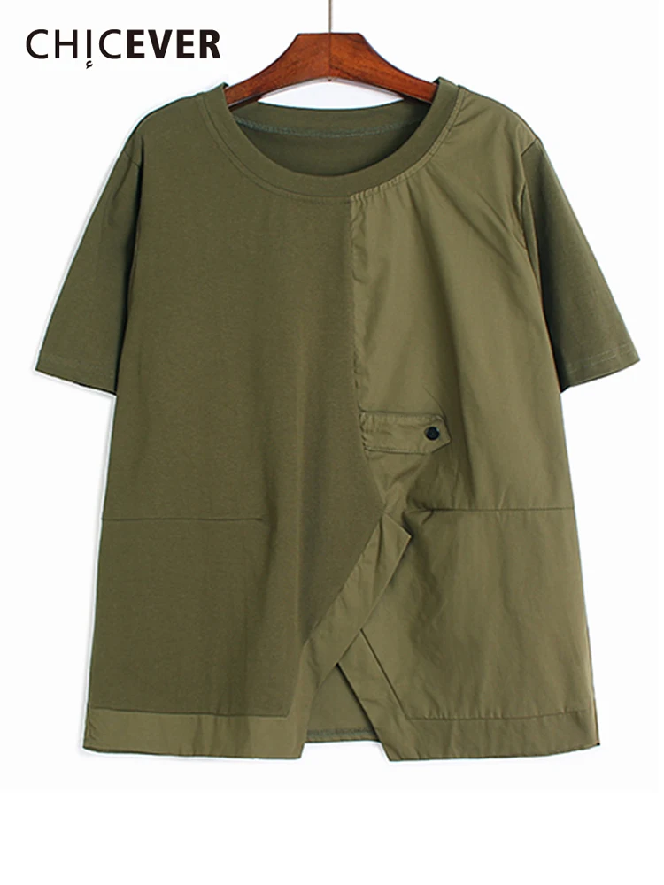 

CHICEVER Повседневная Однотонная футболка большого размера для женщин с круглым вырезом и коротким рукавом, свободные прямые модные женские фу...