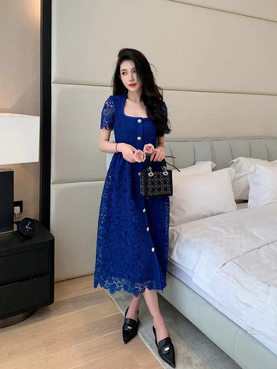 

Летнее новое женское классическое синее водорастворимое Кружевное облегающее длинное платье с высокой талией