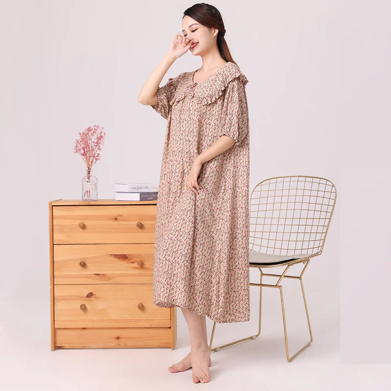 Summer Nightdress for Women Flower Short Sleeve Nightgowns Viscose Pajamas Home Clothing Sleepshirt Nightwear Big Yards Outwear