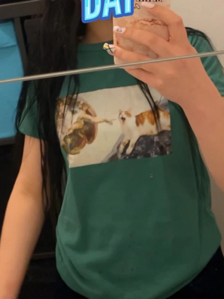 Футболка с забавным милым котом и мультяшным изображением для женщин женская