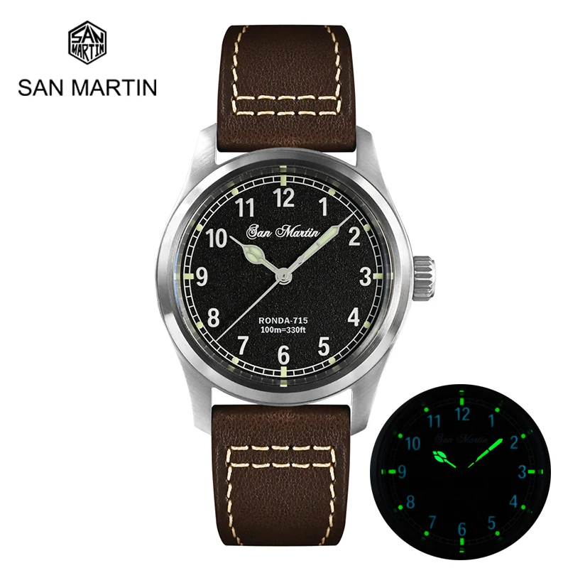 

Мужские военные часы-пилот San Martin SN034G 37 мм, сапфировое стекло RONDA 715, кварцевые часы из нержавеющей стали 316L с кожаным ремешком