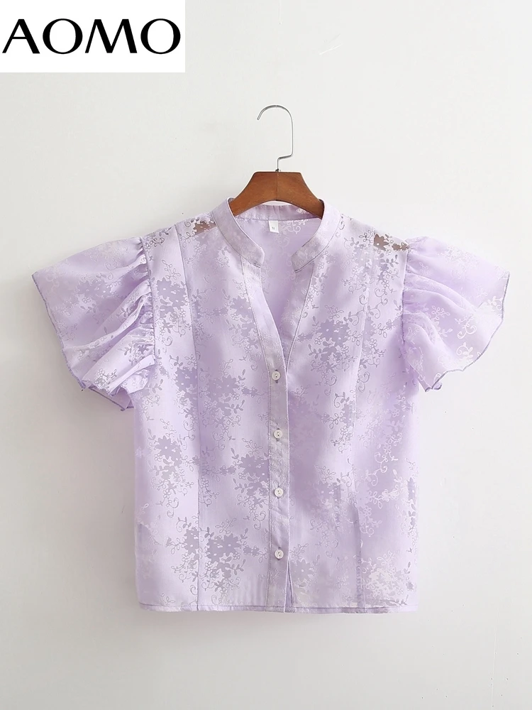 

AOMO Women Retro Jaquard Mesh Transparent Crop Shirt Flare Sleeve 2022 Chic Female Shirt Tops 1D414A