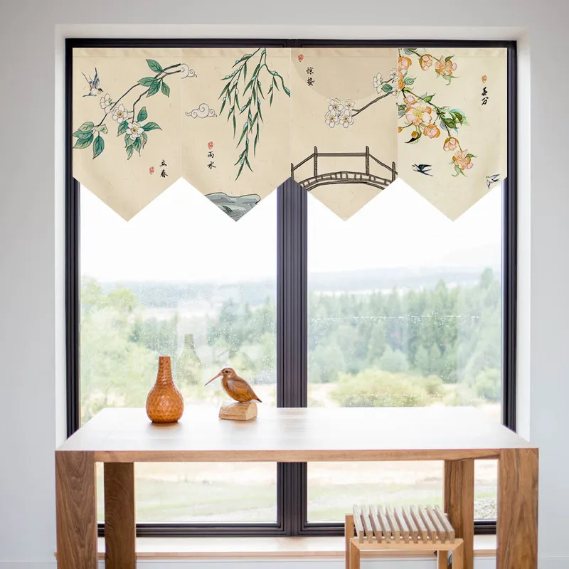 Chinese Ink Style Kitchen Partition 24 Solar Terms Half Curtain Tea Room Zen Hanging Flag Resturant Shop Decor Door Head Curtain