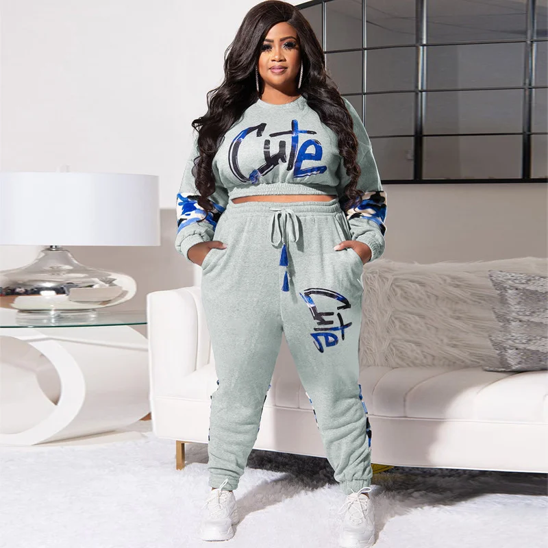 Plus Size Two-piece Sets Women Fashion Letters Camouflage Print Short Pullover Top + Pants Suit Large Size Female Casual Outfits