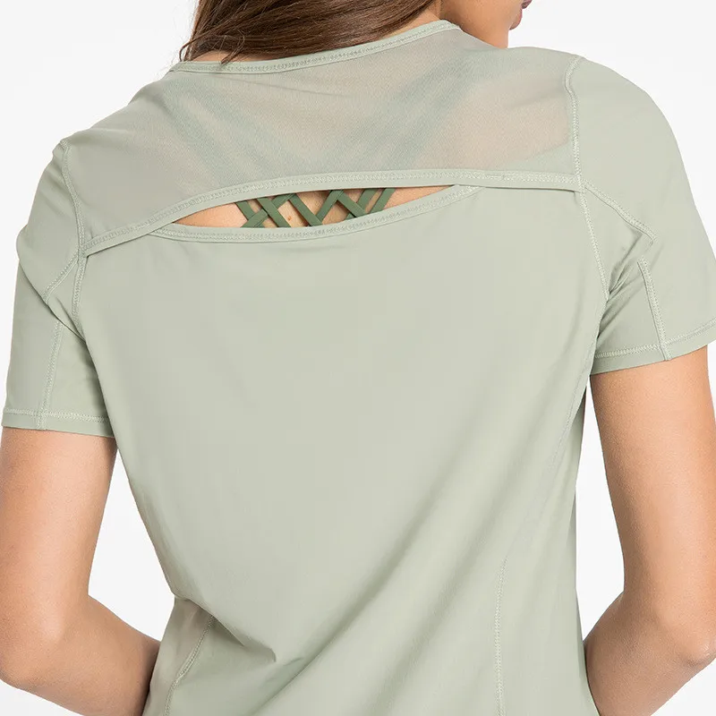 Solid Color Fitness Loose Yoga Shirt Gym Short Sleeves Mesh Hollow Sports Top Women T-shirt Comprehensive Training Breathable