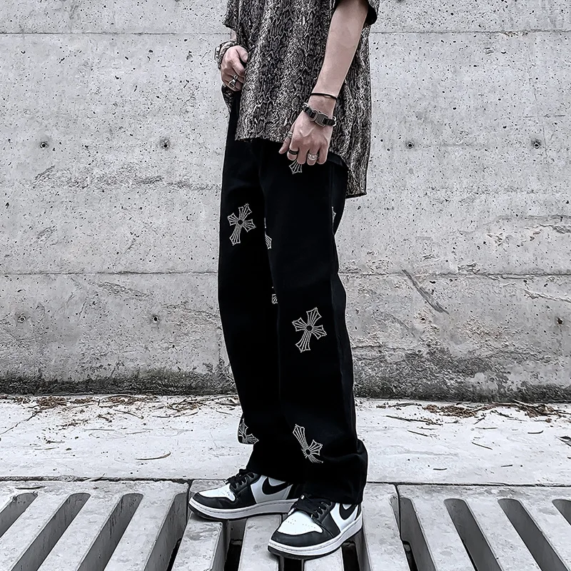 New Men's Jeans Rhinestone Jeans Loose Straight Hip Hop Jeans Designer Jeans for Men Goth Clothes