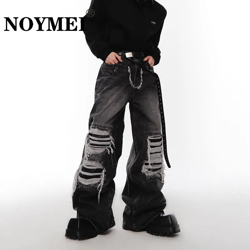 

NOYMEI New Fashion Washed Damaged Jeans Niche Double Waist Design Pants High Street Solid Color Straight Denim Pants 2023