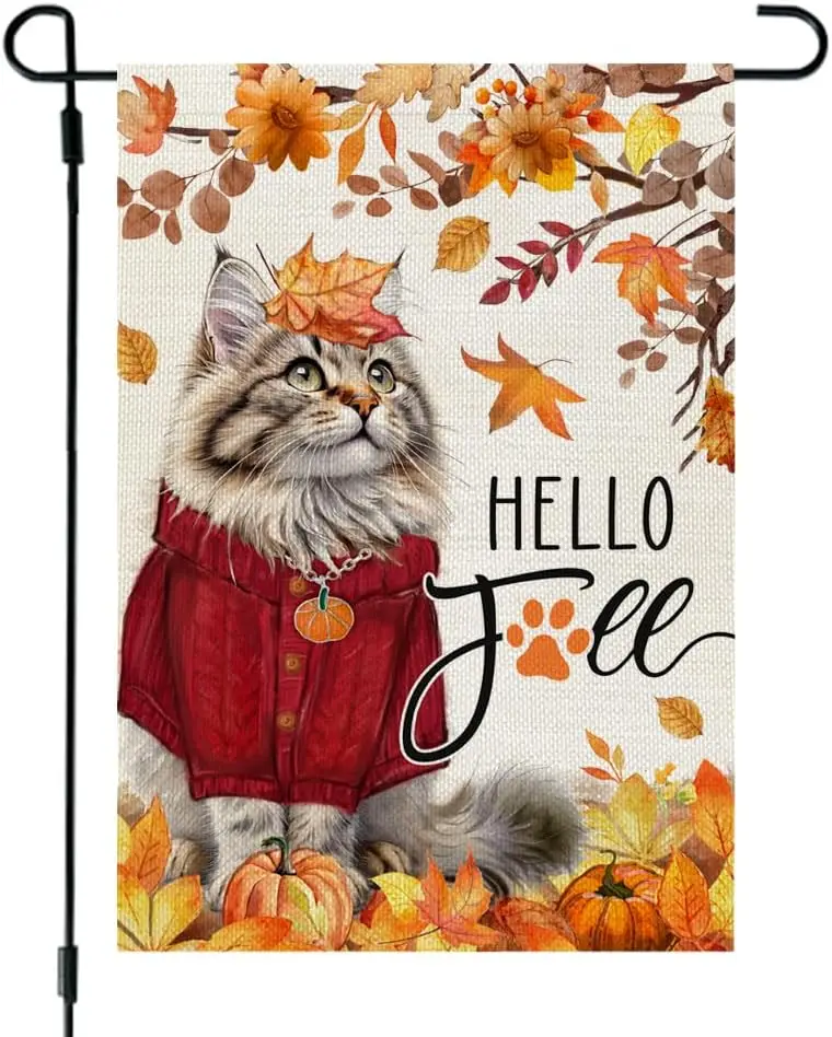 Коронованная красота Hello Fall кошачий Садовый флаг 12x18 дюймов двухсторонние