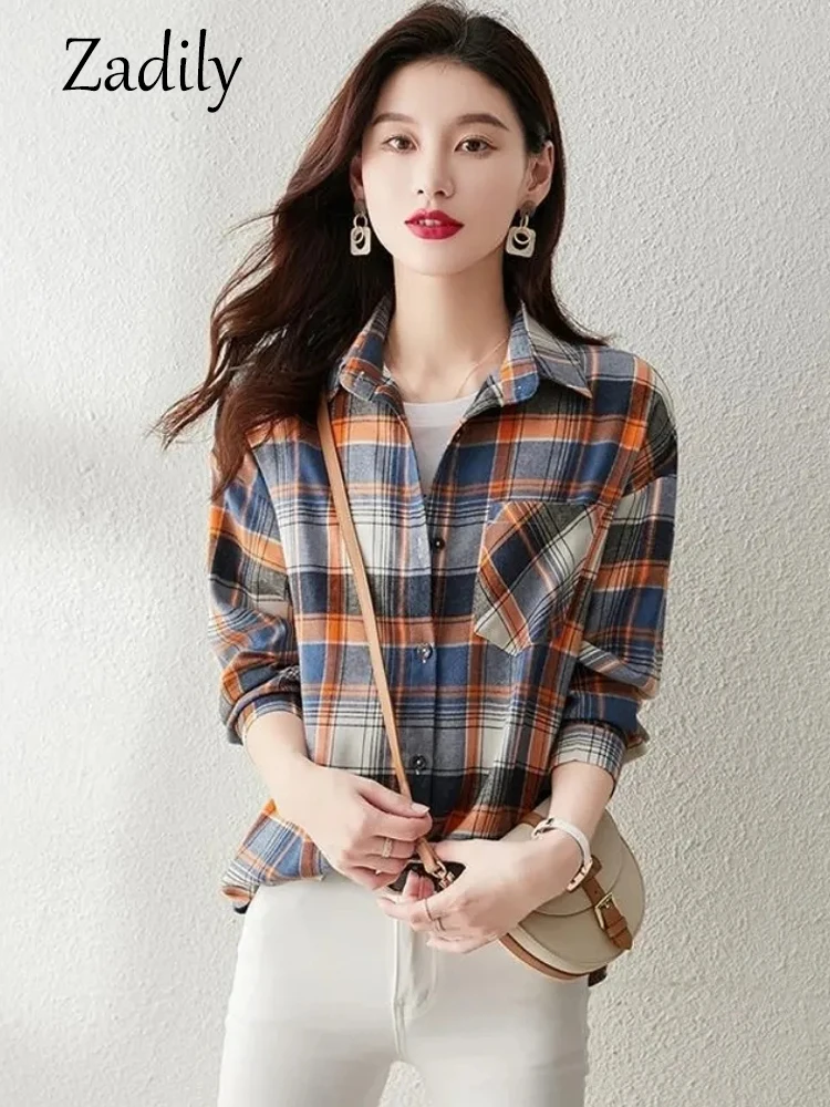 

Zadily 2022 Autumn Korean Style Casual Long Sleeve Plaid Shirt Women Office Lady Button Up Blouse Work Female Clothing Tops
