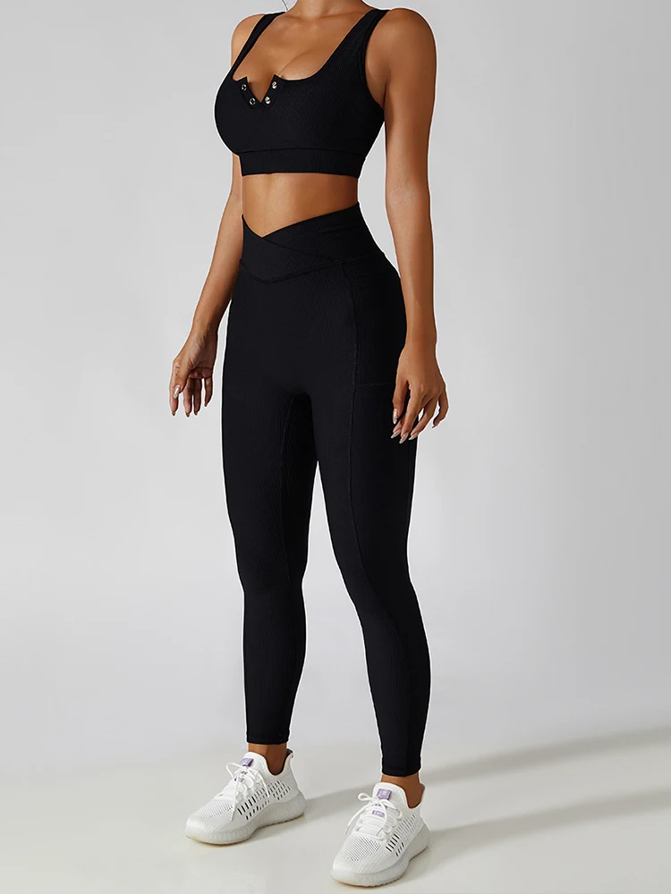 Women Ribbed Seamless Padded Sports Bra Crop Tank High Waisted Butt Lifting Yoga Leggings Workout Gym Biker Shorts With Pockets