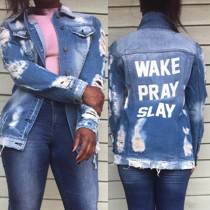 

Fashion Frayed Ripped Cowboy Long Denim Jackets Women Casual Loose Jean Jacket 2022 Boyfriend Style Letter Jackets Streetwear