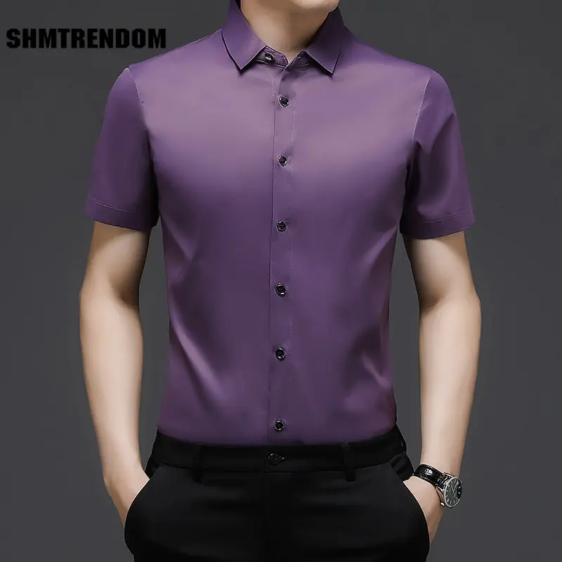 

Anti-Wrinkle Wash And Wear Seamless Solid Short Sleeved Shirt Men Summer New Quality Silky Comfortable Boutique Camisa Masculina