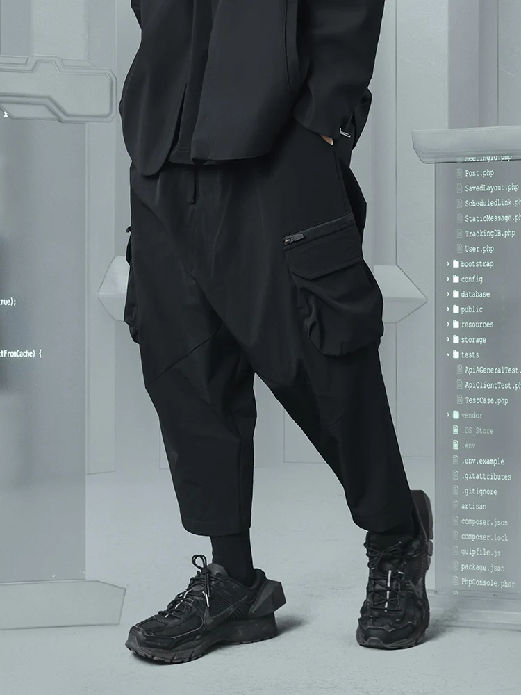 ENSHADOWER men‘s fashion streetwear big pocket cargo pant minimalism all black style cropped pants Adjustable waist trouser