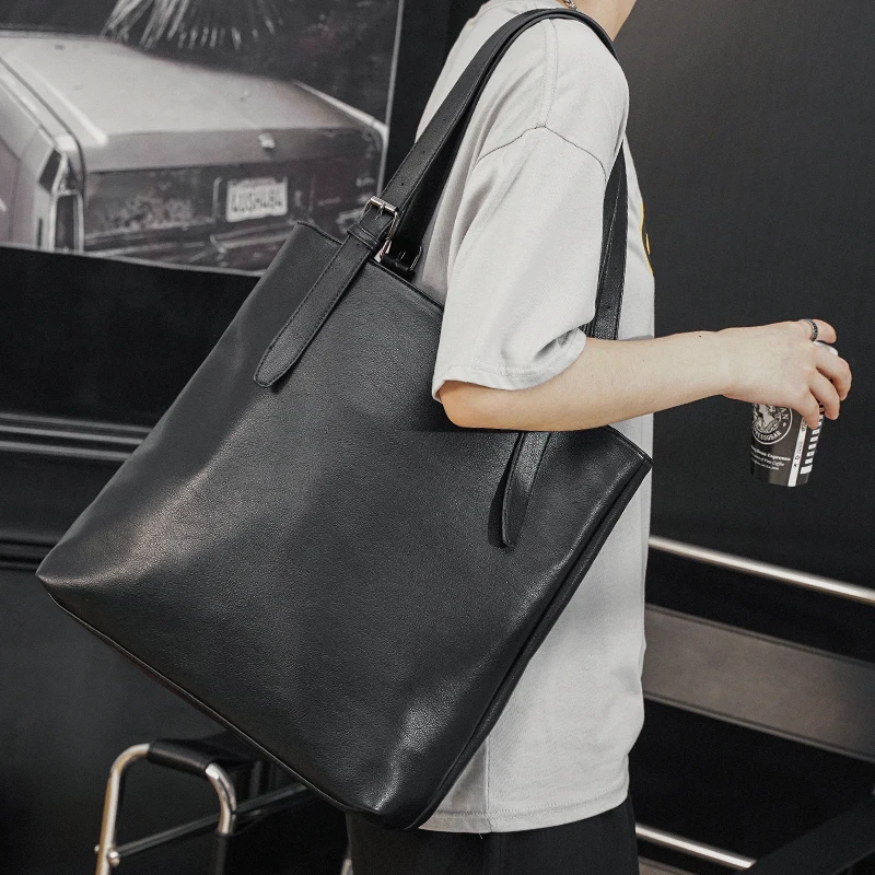 

Soft Leather Tote Bag for Men Japanese Korea Style Business Casual Street Handbag Male Large Capacity Zipper Laptop Underam Bag