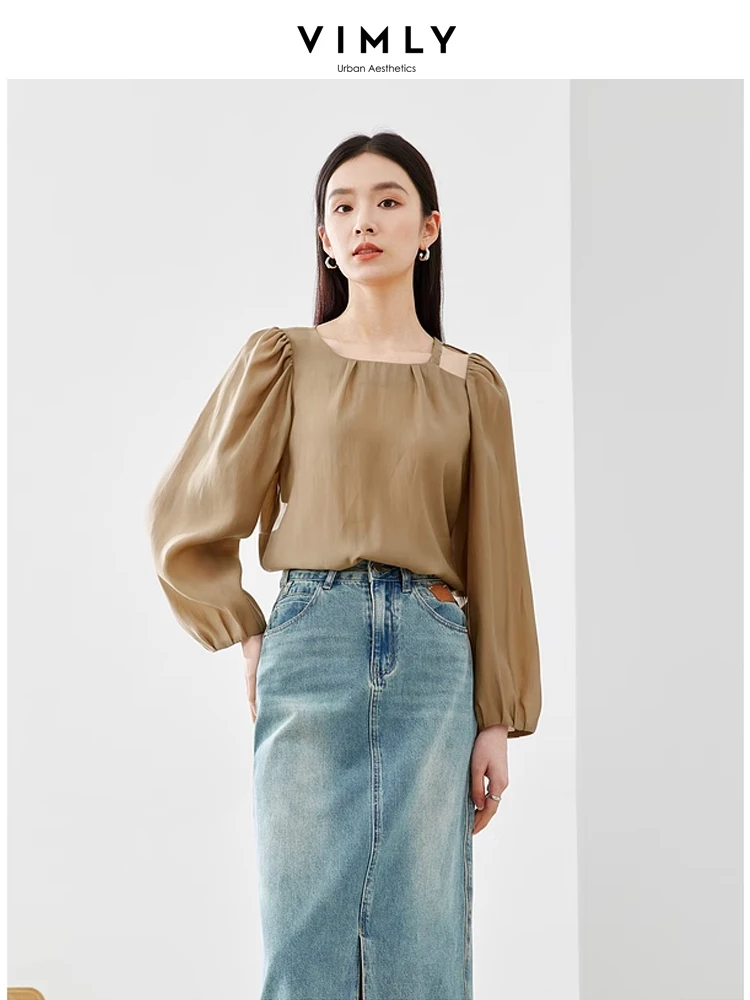 Vimly o-образный вырез Lyocell тонкая шифоновая рубашка крючок цветок полый