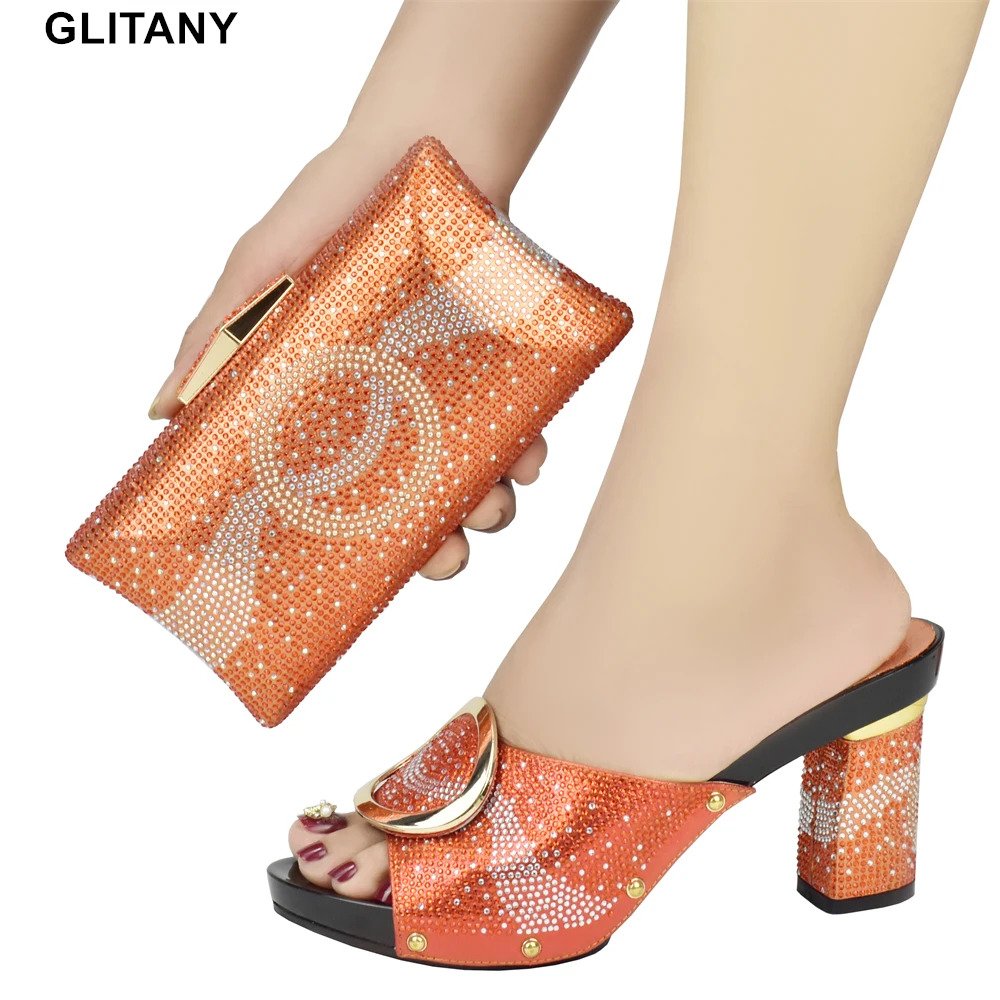

Новинка 2022, соблазнительные женские туфли и сумочки оранжевого цвета, итальянские женские туфли и сумка, подходящие к итальянскому набору обуви и сумок с бриллиантами