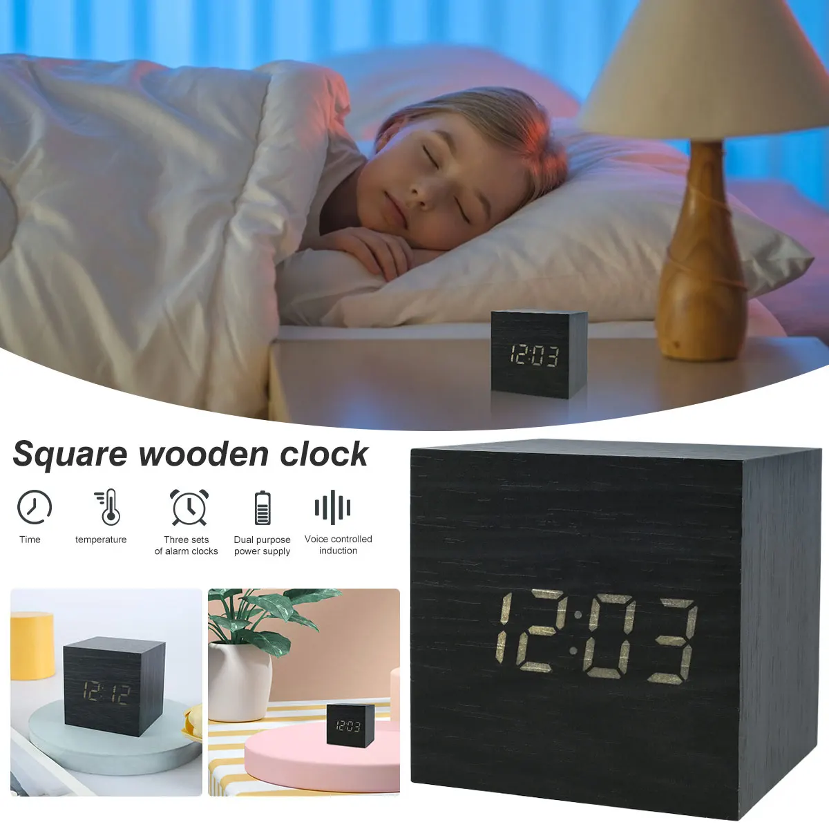 Wooden Cube Clock Usb/battery Powered Mini Glow Desk Clock With Voice Control Desktop Decoration For