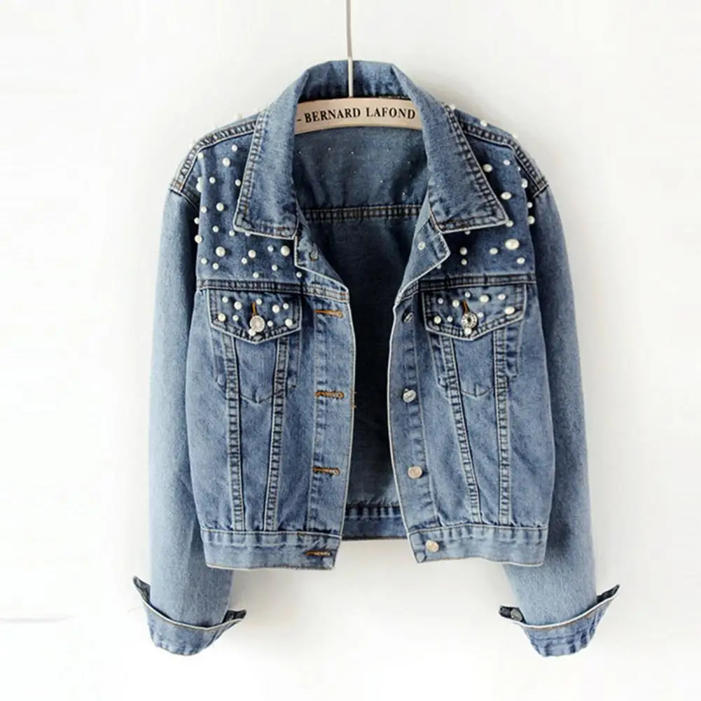 Autumn Fashion Women’s Denim Jacket Full Sleeve Loose Button Pearls Short Lapel Wild Casual Single-breasted Solid Cardigan