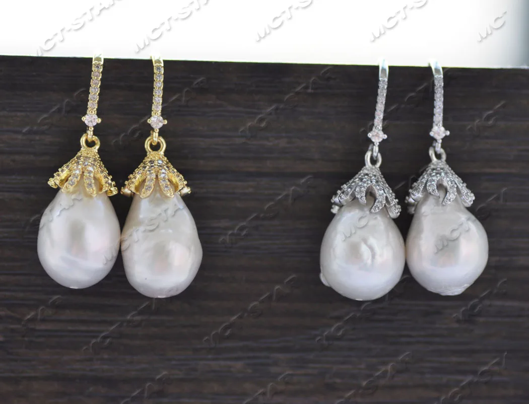 

MTC·STAR Z11855 18mm White Baroque Drop Keshi Reborn Pearl Dangle Thatched CZ Earring