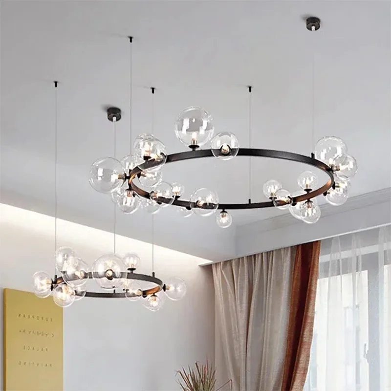 

Modern Metal Chandelier Clear Glass Bubbles Parlor Hotel Kitchen Dining Room Hanging Light Fixrures Hanglamp Cord Adjustable
