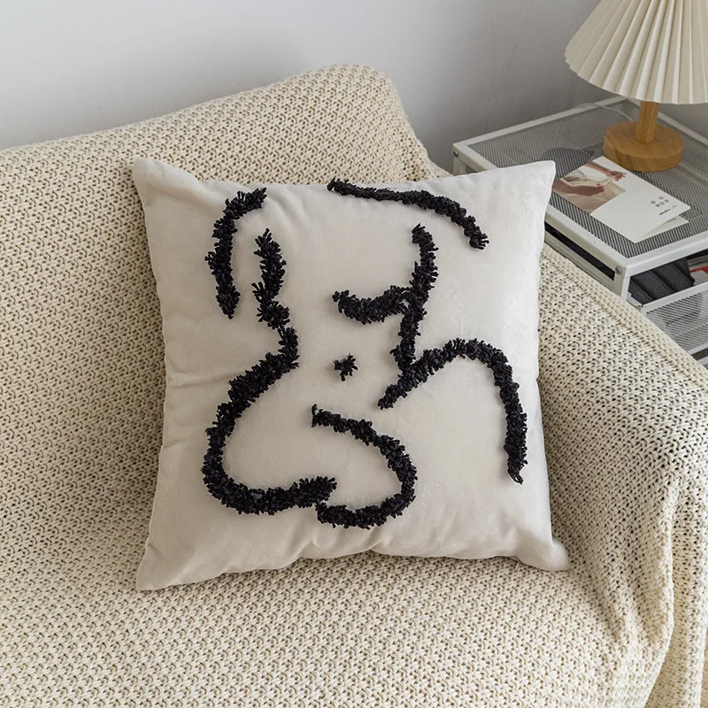 Black Geometric Abstract Tufted Embroidered Cushion Cover Co
