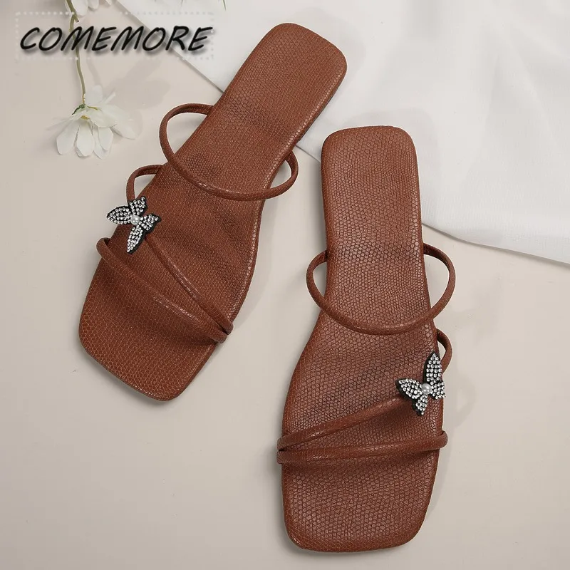 Шлепанцы женские на низком каблуке повседневные сандалии с бантом и кристаллами