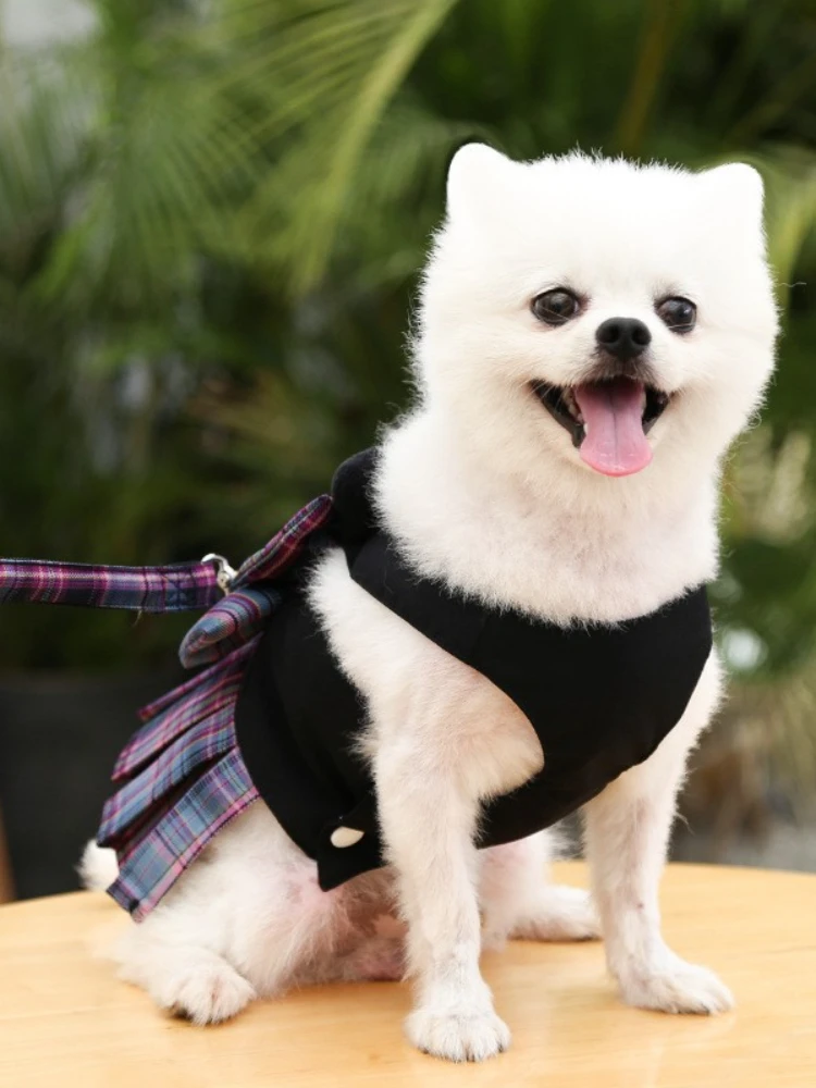 

Small Medium-sized Dog Skirt Cat Plaid Chest Strap Traction Rope Teddy Bomei Pet Supplies Walking Dog Rope College Style Leashes