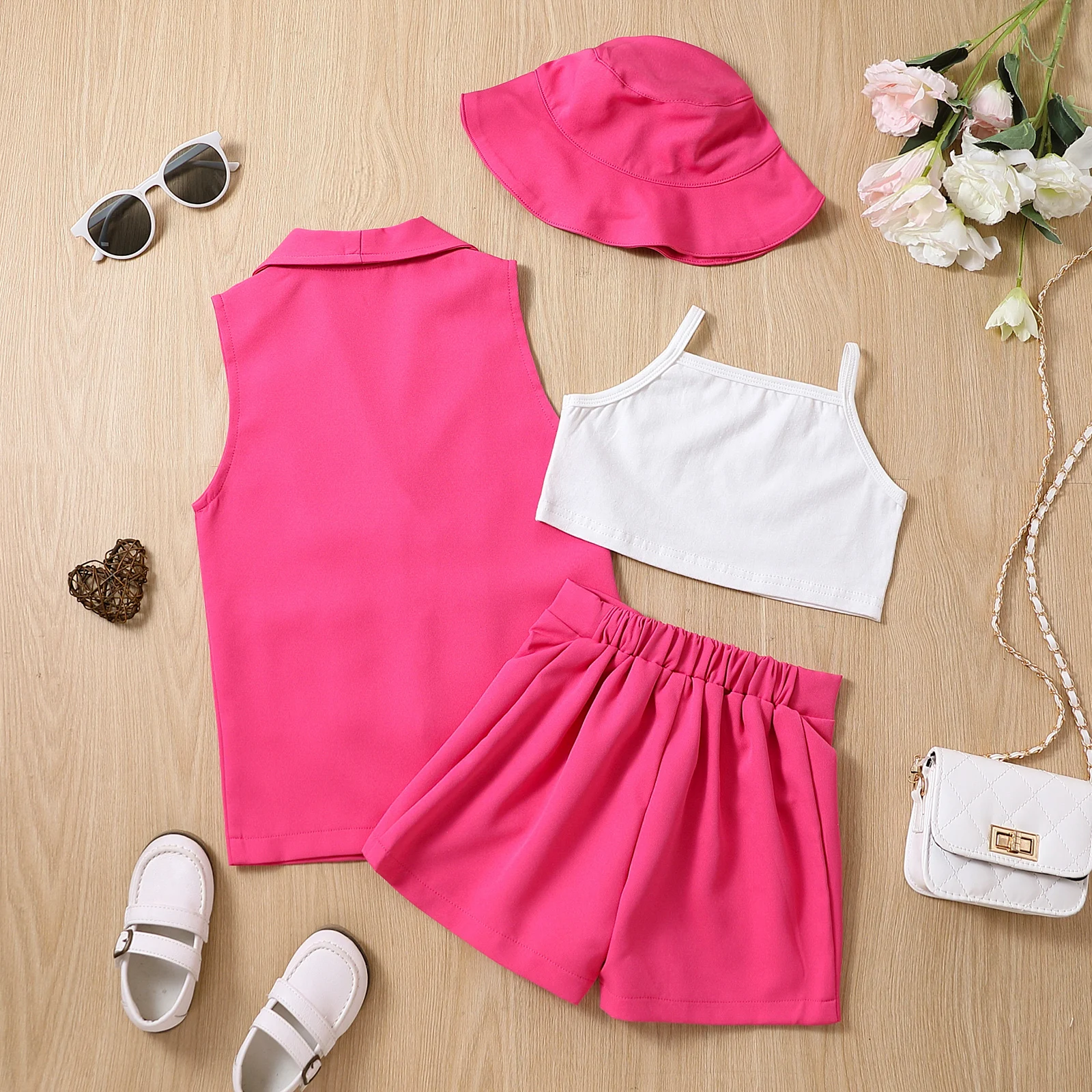 

Tank Summer Baby Girls + Hats Blazer Kids 4pcs Children Sleeveless Clothes + Tops Coat Set Suits Shorts+ Buttons Lapel