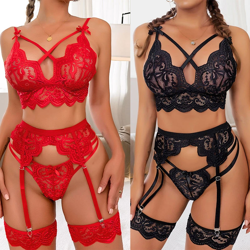 

Новый комплект нижнего белья высокого качества, бюстгальтер с бантом и подвязками, трусики с подвязками, кружевное прозрачное однотонное н...