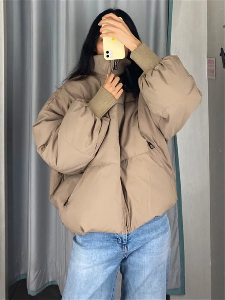 

PB&ZA winter new women's solid color pockets with stand collar loose zipper closure short cotton jacket coat 4341/202