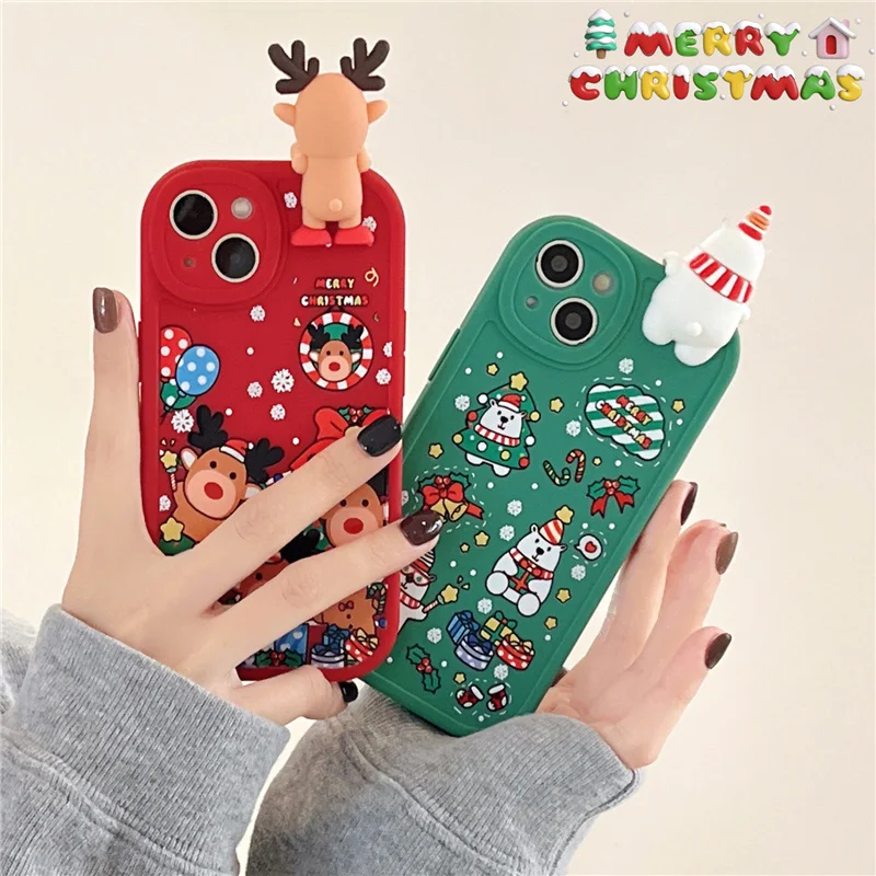 

Merry Christmas 3D Elk Bear Phone Case For iPhone 13 11 12 14 Pro XS Max X XR 7 8 Plus Cartoon Reindeer Gift Soft Silicone Cover