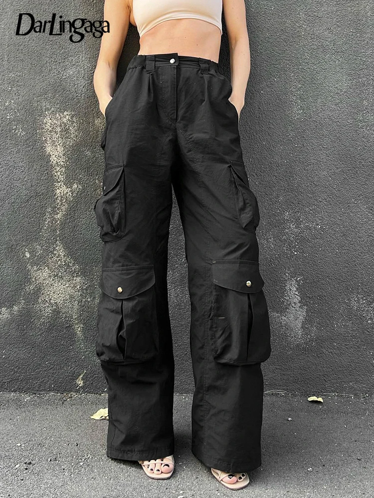 

Darlingaga Streetwear Fashion Pockets Cargo Pants Women Solid Straight Harajuku Baggy Denim Trousers Wide Leg Capris Bottom Chic