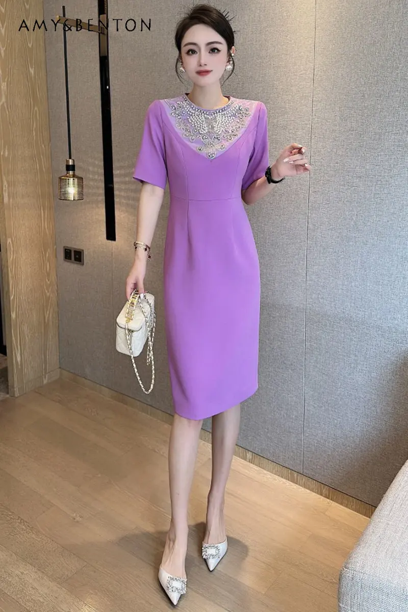 Elegant Commute Style Dress 2023 Spring and Summer Heavy Industry Beaded Slim Fit Slimming Sheath Oversize Short Sleeve Dress