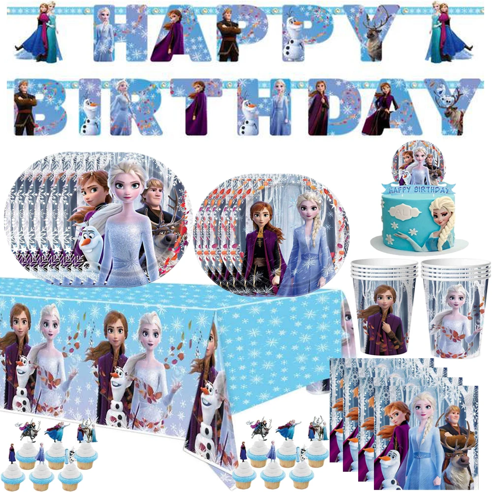 

Frozen Anna Elsa Princess Party Supplies Disposable Tableware Cup Plate Tablecloth Banner for Kids Birthday Party Baby Shower