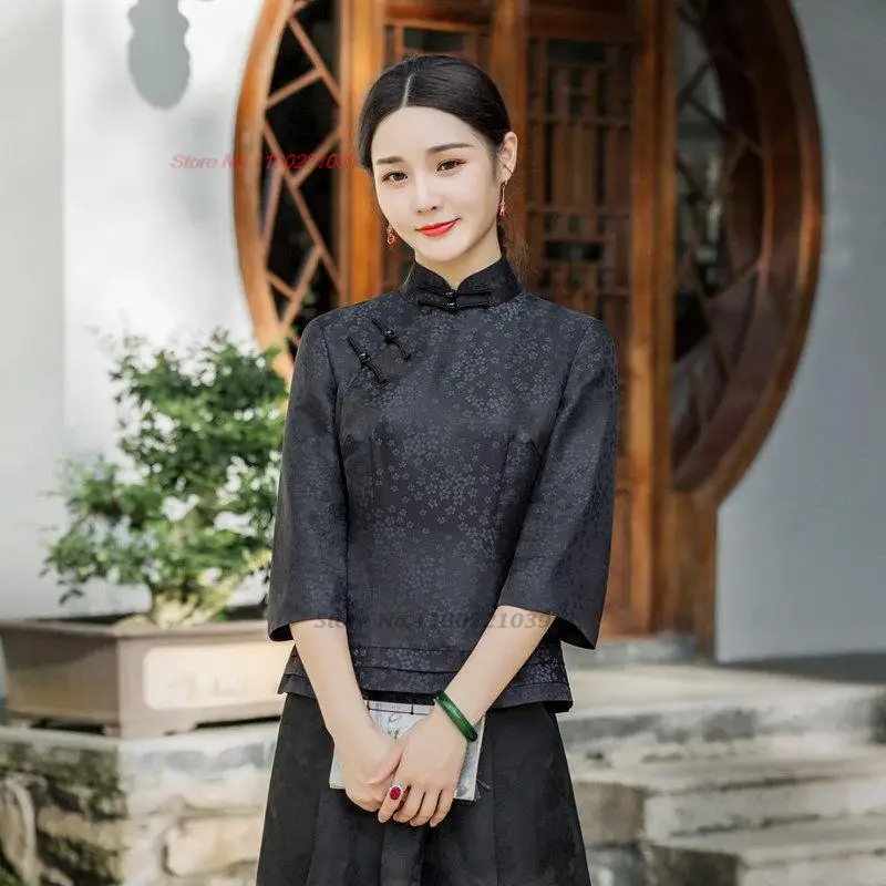 

2023 chinese vintage qipao blouse national satin jacquard cheongsam tops woman tea service hanfu blouse oriental tang suit