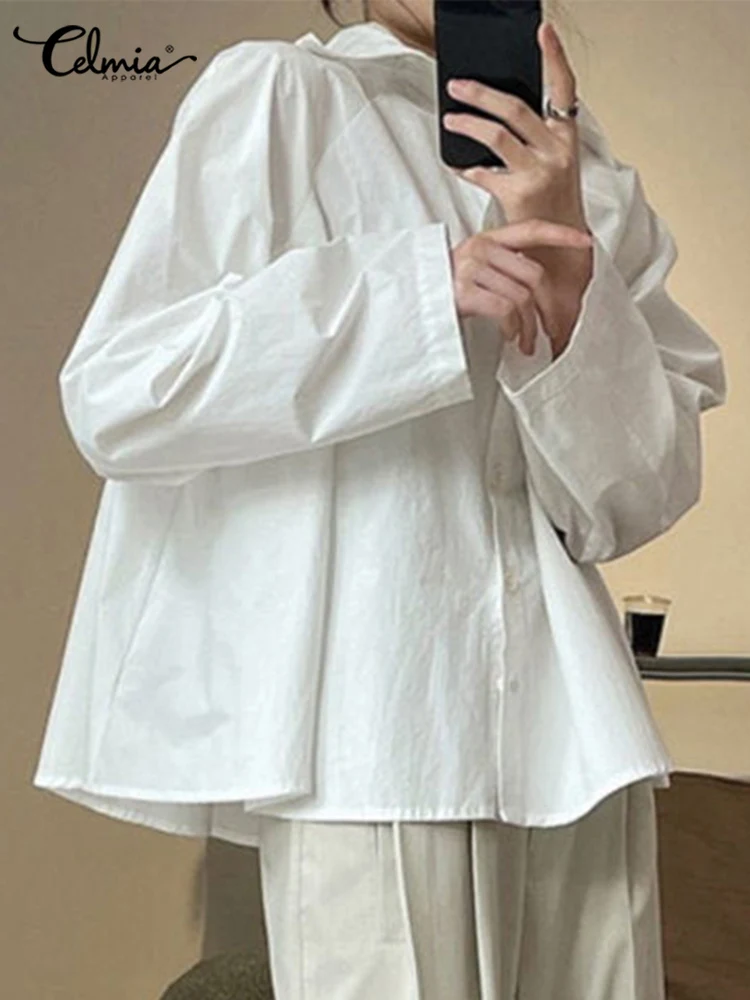 

Celmia Women Fashion Shirts Korean Oversize Lapel Long Sleeve Workplace Chemise Autumn BF Style Casual Solid Color A-line Shirts