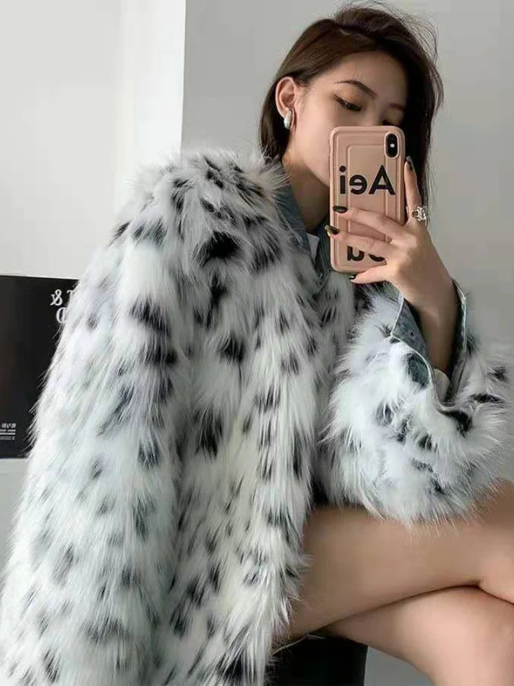 Winter Thicken Warm Oversize Cow Printed Long Faux Fur Coats Women 2022 Fashion Furry Faux Fur Outwear Casual Streetwear