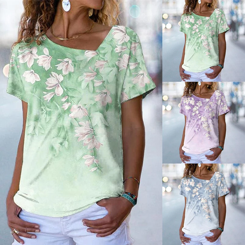 

2022 Women's Floral Theme 3D Printed Painting T Shirt CasuaL Floral 3D Print V Neck Basic Tee Summer Fashion Tops New