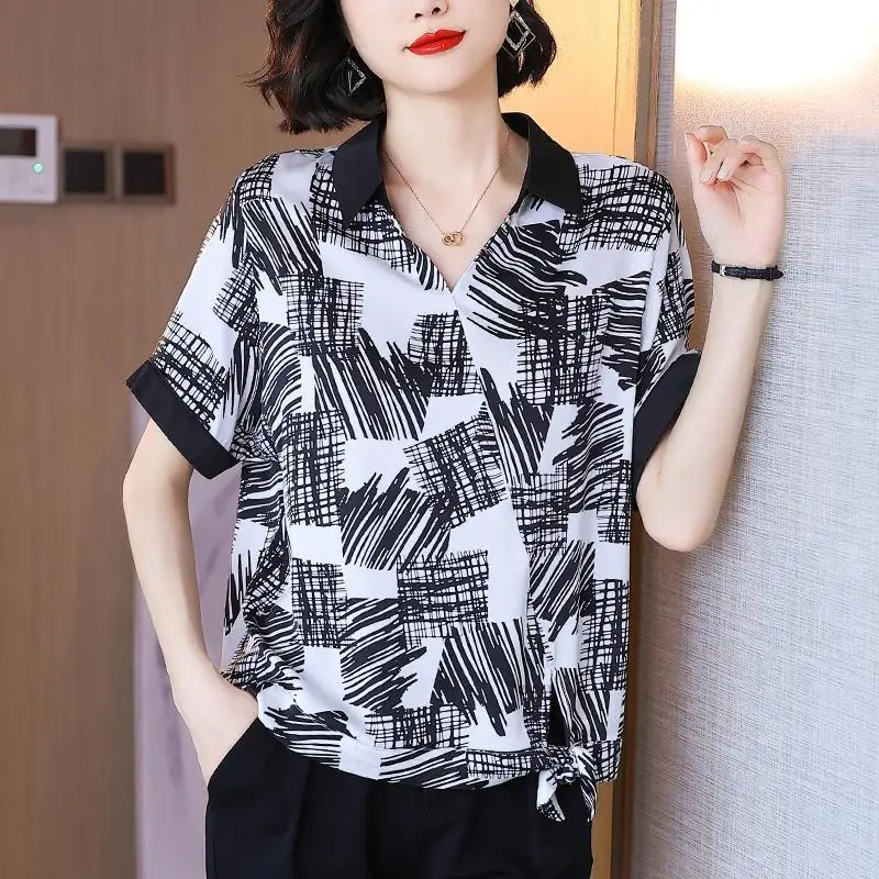 

2023 Summer Women Chiffon Blouse Short Sleeve V Neck Fashion Printing Casual Oversize Lady Blouse Loose Tops Shirts Blusas Mujer