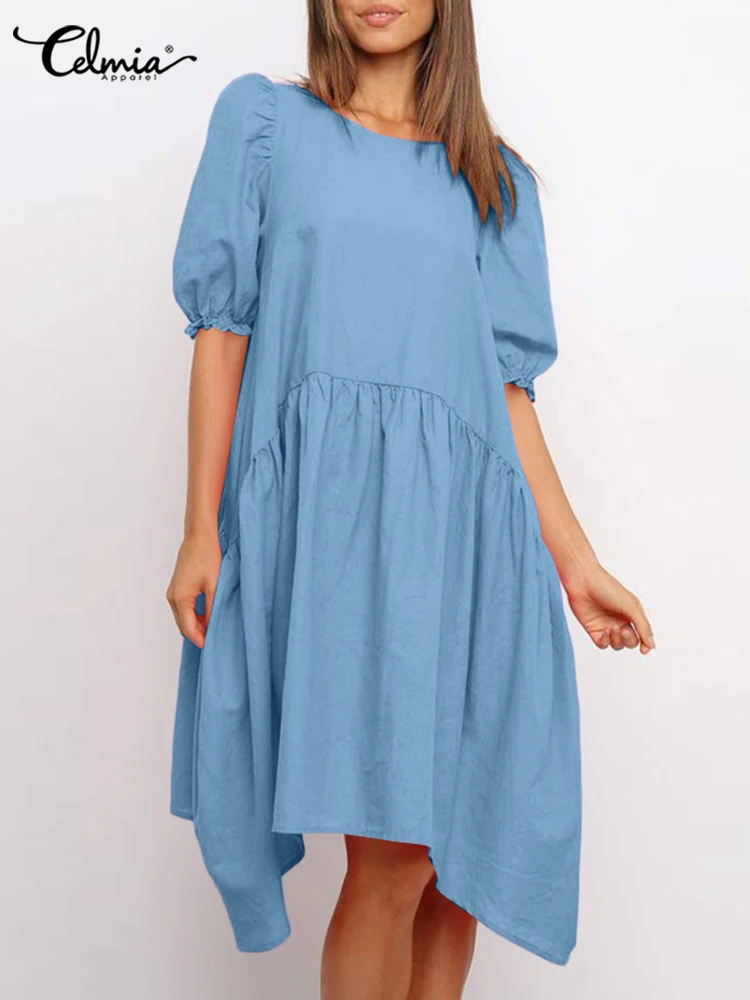 

Повседневное свободное асимметричное платье миди Celmia, летние женские платья с оборками и коротким пышным рукавом, праздничные платья, плис...