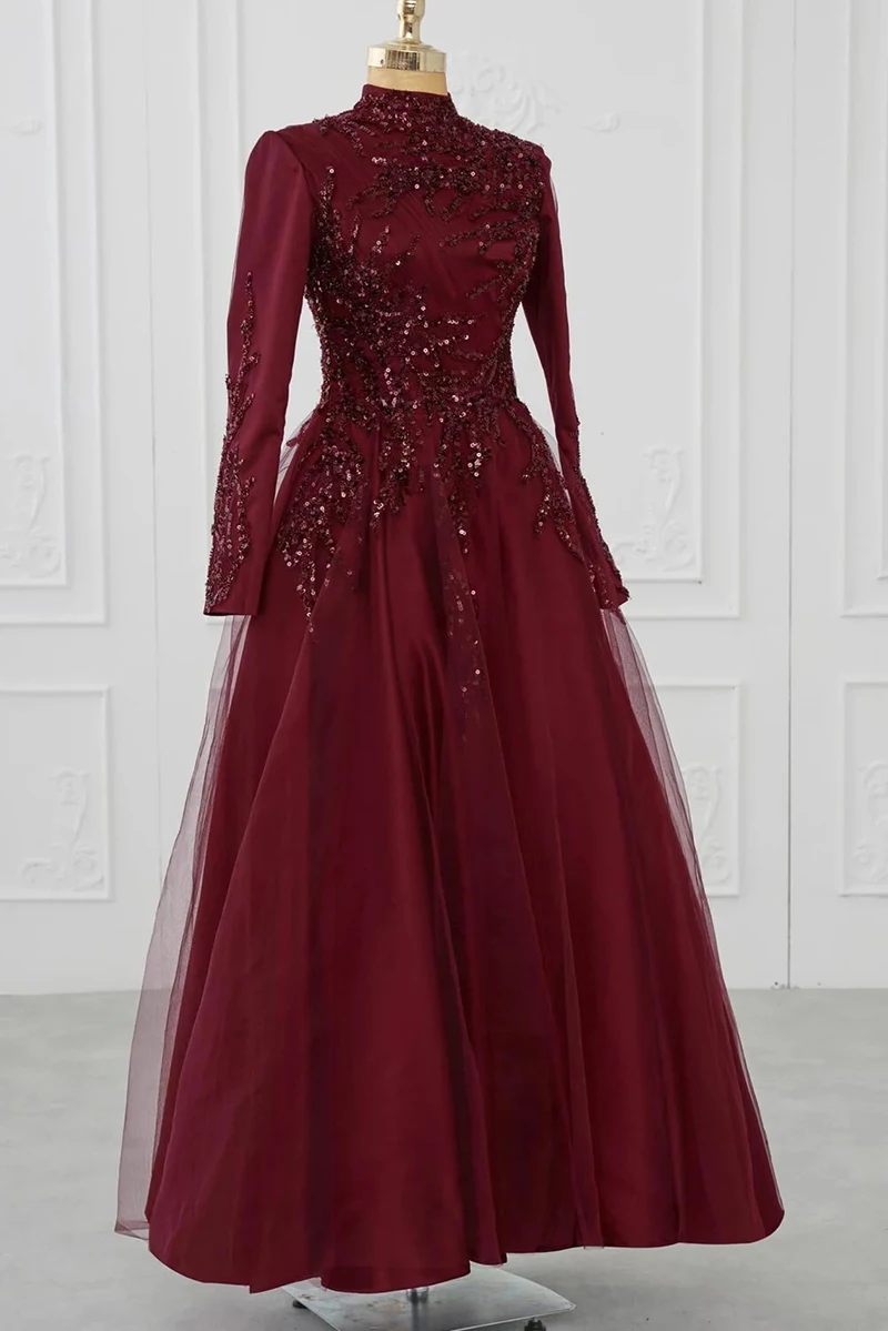 

Элегантное мусульманское вечернее платье с аппликацией из бисера и длинным рукавом, арабское дубайское платье для выпускного вечера, официальное платье с высоким воротником, марокканский кафтан, Халат