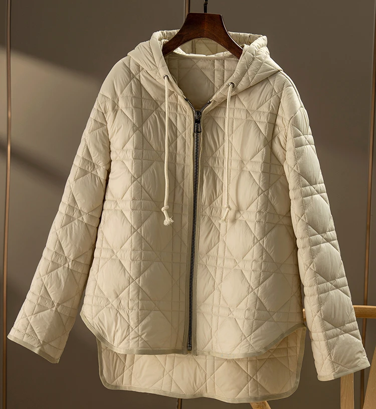Design Asymmetry Parkas Thin Hood Cotton  Casual  Spliced  Autumn/Winter  Asymmetric Length  Zipper  Winter Coat Women