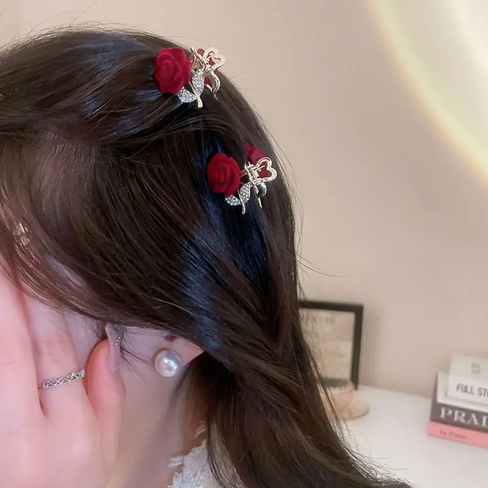 

Hair Claw Rhinestone Flower Korean Style Headwear Flocking Rose Hair Clip Velvet Small Hairpin Female Hair Accessories