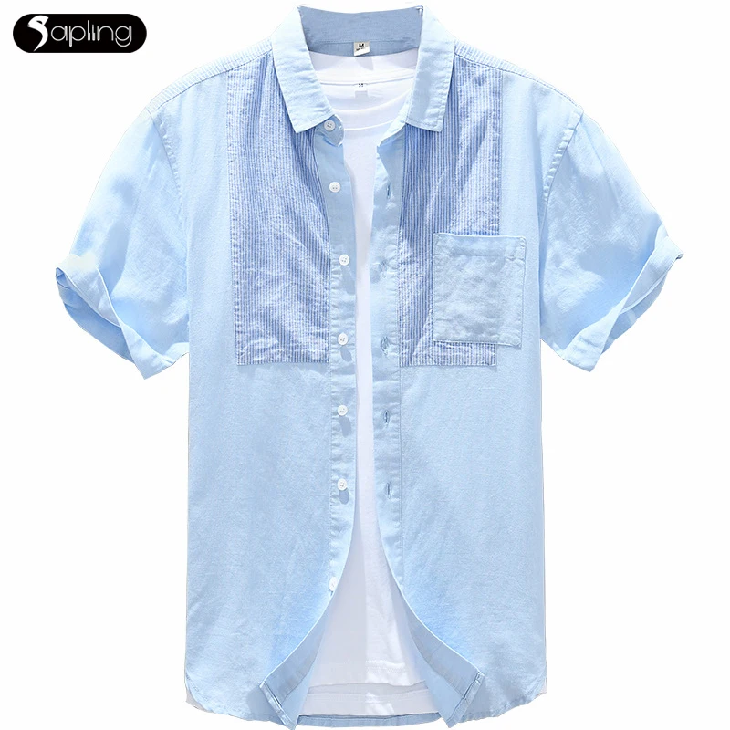 

2022 Summer New Men's Short-sleeve Thin Shirts Striped Casual Youth Men Cotton Linen Shirt Men Color Contrast Simple Shirt Tops